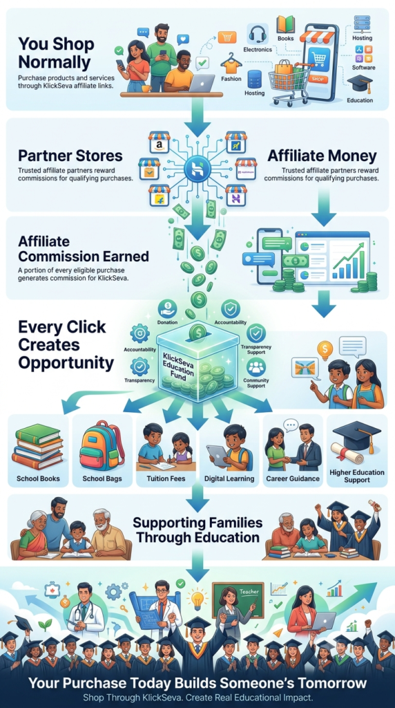 Infographic showing how KlickSeva.org supports education through online shopping affiliate links and commissions used to help underprivileged students. shop with purpose