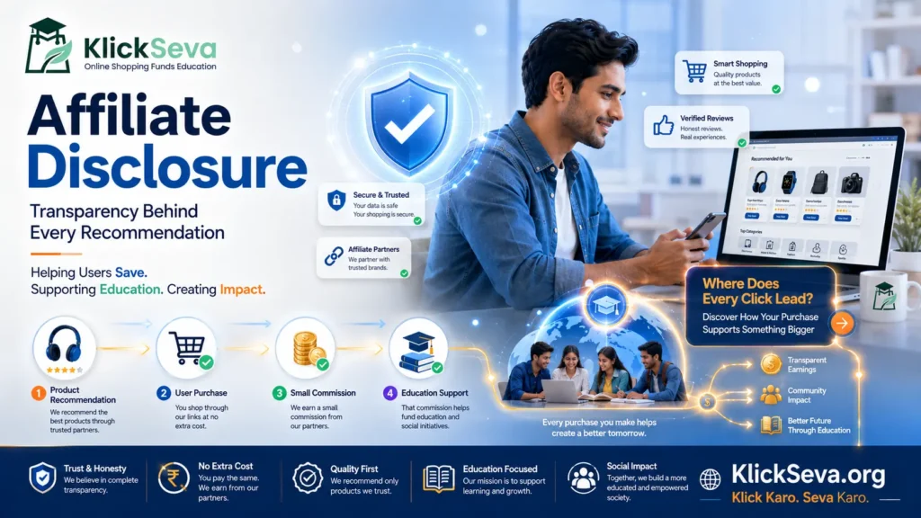 Affiliate Disclosure banner for KlickSeva.org showing transparent affiliate partnerships, ethical product recommendations, secure online shopping, and educational support funded through affiliate commissions.