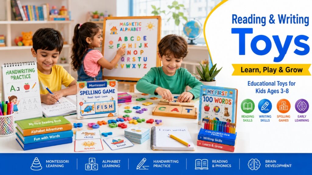 Educational reading and writing toys for kids including alphabet learning games, handwriting practice kits, Montessori learning tools, magnetic spelling boards, and preschool educational activities.