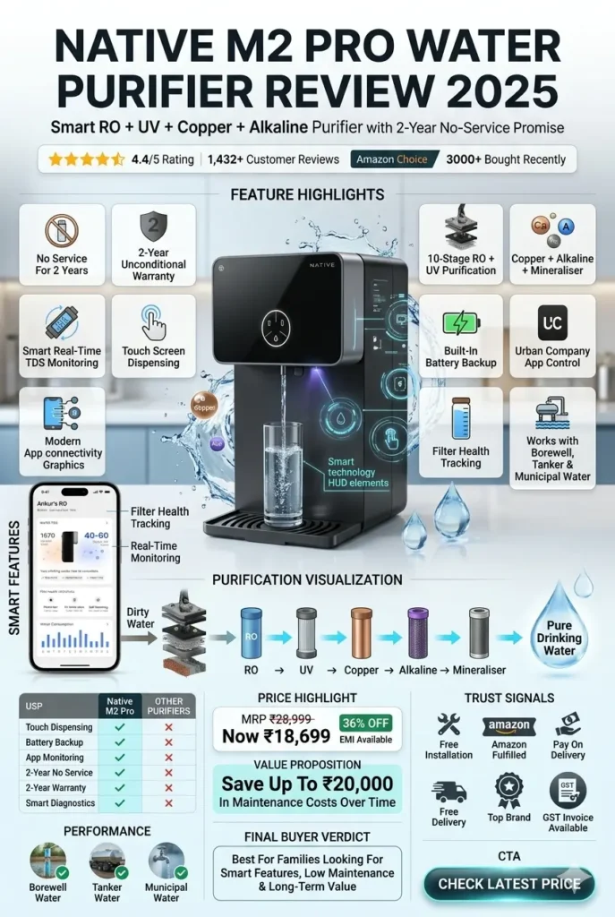 Native M2 Pro Water Purifier Review showing smart TDS monitoring, touch dispensing, 2-year warranty and no service for 2 years